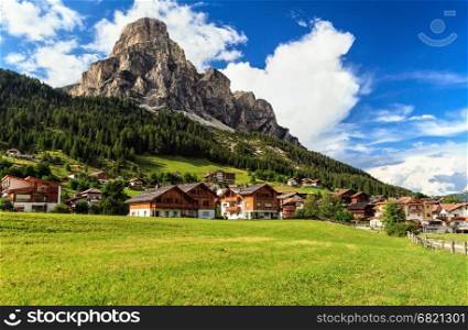 overview of Corvara in Badia town and Sassongher,mount on summer, south Tyrol, Italy