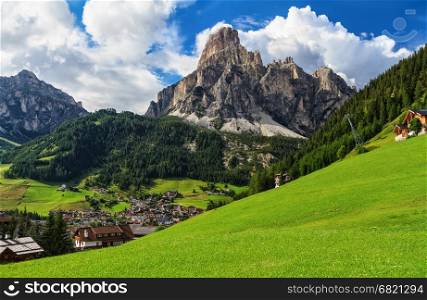 overview of Corvara in Badia town and Sassongher mount, south Tyrol, Italy