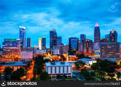 Overview of downtown Charlotte, NC at night