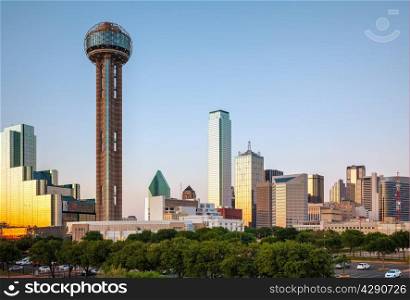Overview of downtown Dallas in the evening