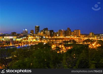 Overview of downtown St. Paul, MN at night