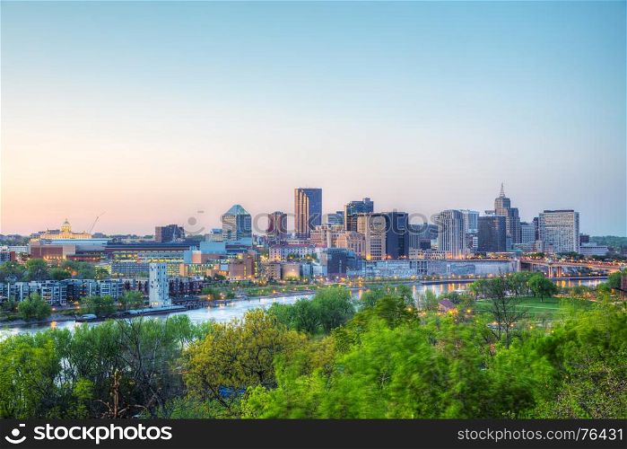 Overview of downtown St. Paul, MN at sunset