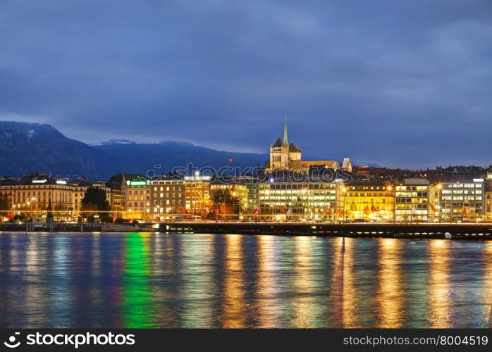 Overview of Geneva, Switzerland at the night time