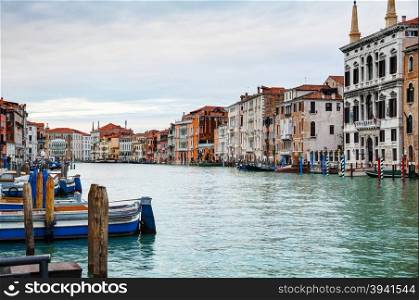 Overview of Grand Canal in Venice, Italy on an overcast day