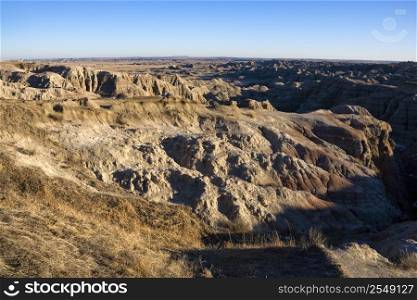 Overview of landscape in Badlands National Park, South Dakota.
