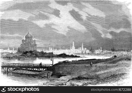 Overview of Moscow, taken from the Crimean Ford, vintage engraved illustration. Le Tour du Monde, Travel Journal, (1872).