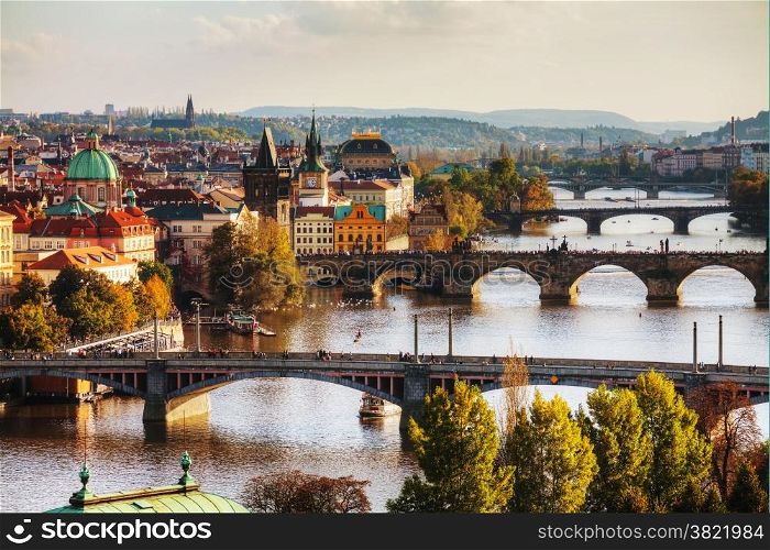 Overview of old Prague with Charles bridge before sunset
