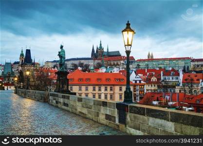 Overview of Prague with St Vitus Cathedral at sunrise