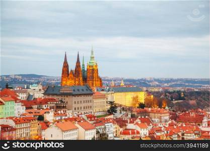 Overview of Prague with St Vitus Cathedral at sunset