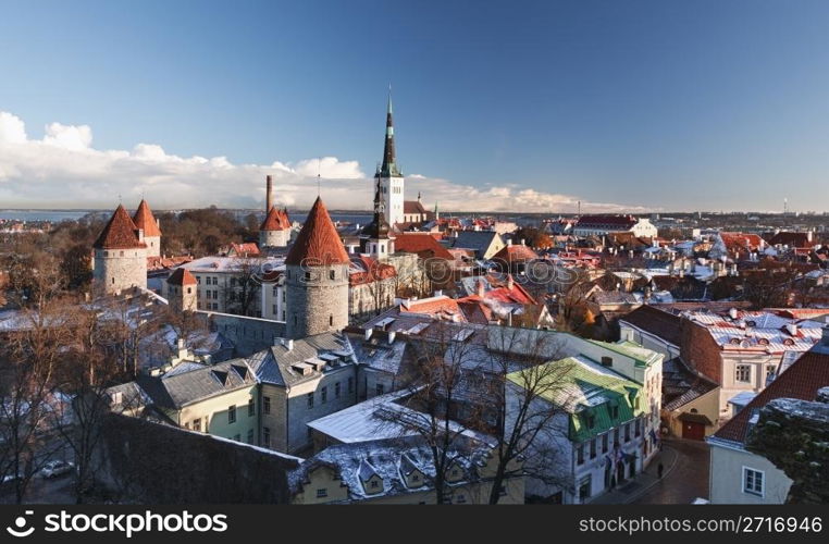 Overview of Tallinn in Estonia taken from the overlook in Toompea showing the town walls and churches