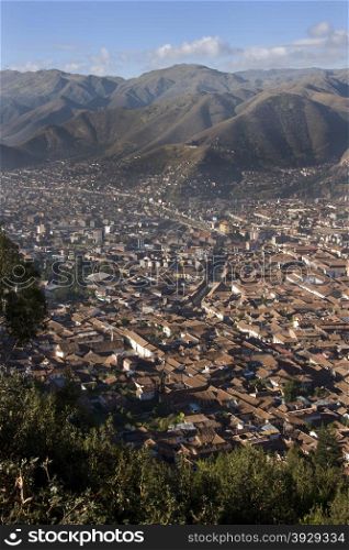 Overview of the city of Cuzco high in the Andes Mountains in Peru in South America