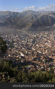 Overview of the city of Cuzco high in the Andes Mountains in Peru in South America