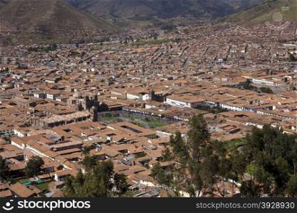 Overview of the city of Cuzco in Peru, showing the Cathedral in the Plaza de Armas (main square).