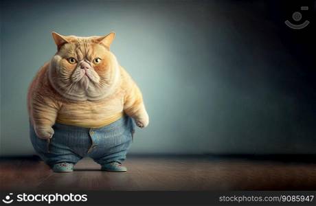 Overweight cat wearing clothes on colored background. Generative AI