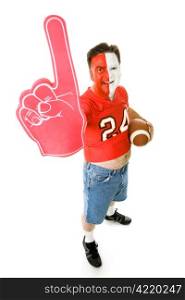 Overweight, middle aged sports fan in a football jersey with a number one foam finger.