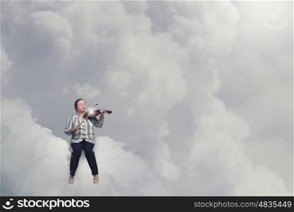 Overweight problem. Middle aged stout woman on cloud playing violin