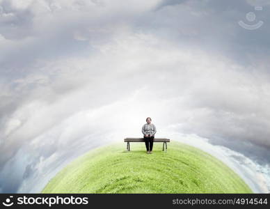 Overweight problem. Middle aged stout woman sitting on bench