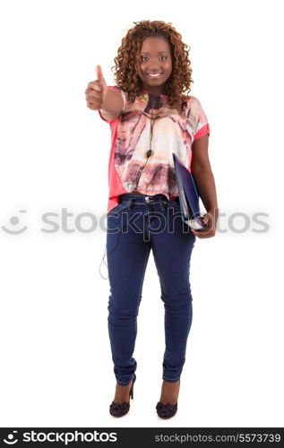 Overweighted african student, isolated over white