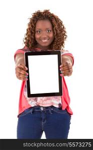 Overweighted african woman presenting your product in a tablet computer