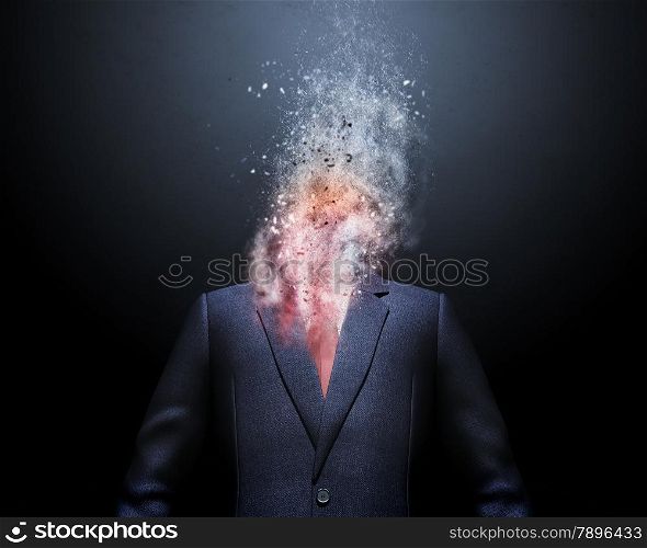 Overworked businessman standing headless with explosion instead of his head