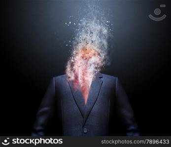 Overworked businessman standing headless with explosion instead of his head