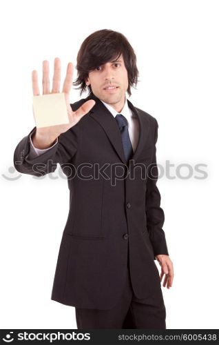 Overworked businessman with yellow sticky reminder note