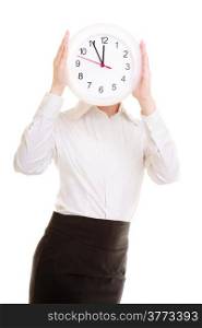 Overworked businesswoman showing clock. Busy woman covering her face isolated on white. Time management. Studio shot.