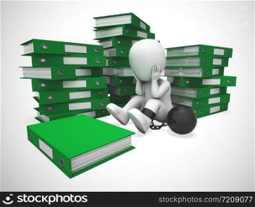 Overworked man has too many projects and is fatigued. Business paperwork stacked and causing a problem - 3d illustration