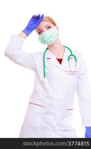 Overworked woman in face mask and white lab coat. Tired doctor or nurse with stethoscope isolated. Medical person for health insurance.