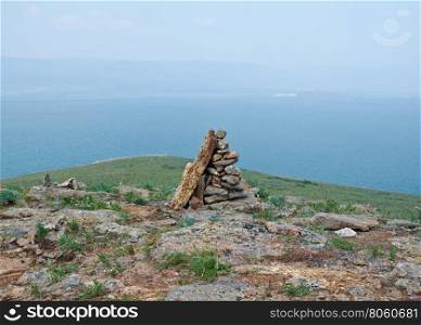 Ovoo sacred stone heap .Ogoy Island- largest island in the Maloe More strait of Lake Baikal.
