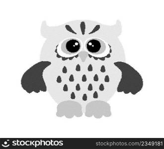 Owl graphic black s white. Vector illustration of cute owl. Owl made from many round dots.. Hand drawing graphics owl. Dotwork. 