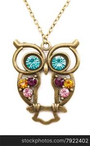 Owl necklace adorned with precious stones. Isolate on white.
