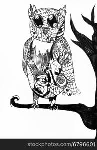 owl sit on tree branch hand drawn by black felt pen