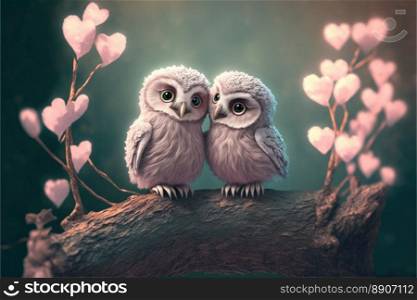 Owls in love. Cute lovers close together. Generative AI 
