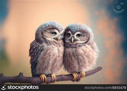 Owls in love. Cute lovers close together. Generative AI . 