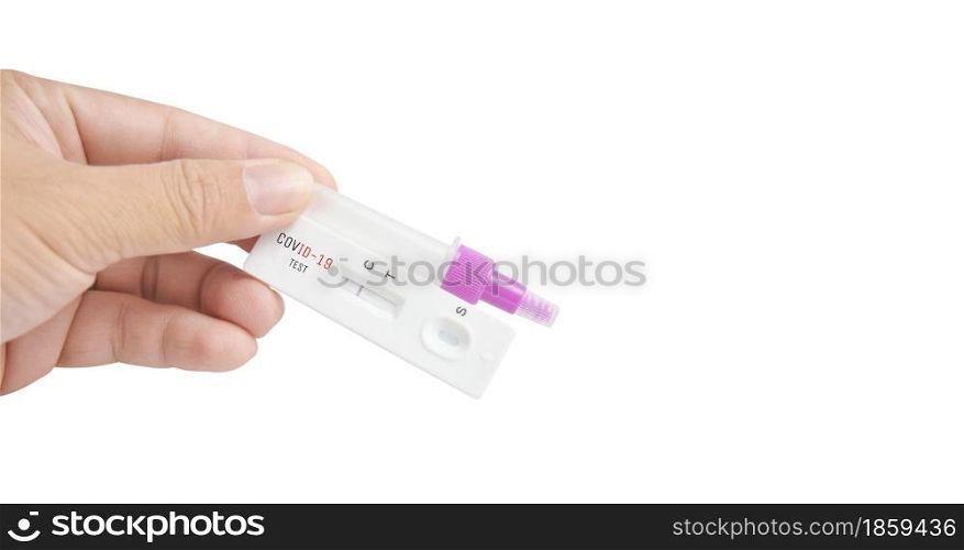 Own hand showing Covid-19 negative test result of the antigen rapid test kit on white background and copy space,Coronavirus infectious protect concept