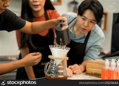 Owner or barista working in coffee shop,Coffee making classes for entrepreneurs to start a small business,People lifestyles during Covid-19 pandemic.