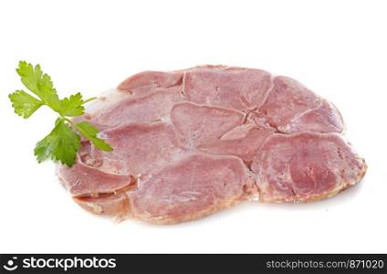 ox tongue in pate in front of white background