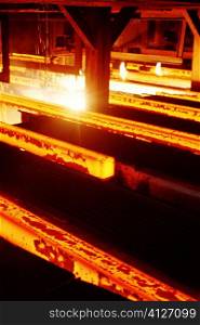 Oxygen torches cutting steel in a steel mill, Illinois, USA
