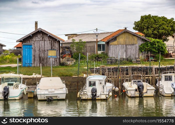 Oyster village in Arcachon Bay, France in a beautiful summer day