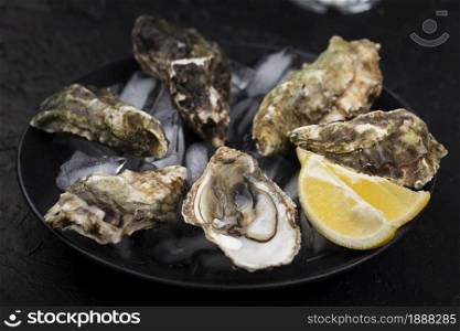 oyster with lemon slice sand ice . Resolution and high quality beautiful photo. oyster with lemon slice sand ice . High quality and resolution beautiful photo concept