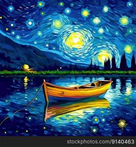 Pa∫ing Boat at Night Sea. Illustration Ge≠rative AI 