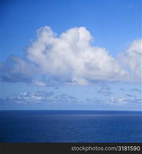 Pacific ocean and blue sky with puffy clouds.