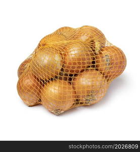 Package of fresh raw brown onions in a net isolated on white background