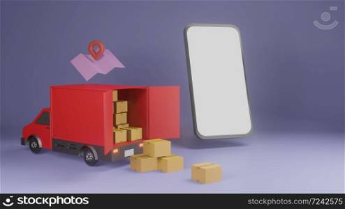 Package online shopping and delivery. Heap of boxes and red pickup truck on purple background. 3d render