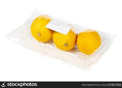 Packaged and labeled fresh lemons on an isolated white background