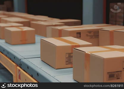 Packages delivery, packaging service and parcels, cardboard boxes on conveyor belt in warehouse, transportation system concept image. Neural network AI generated art. Packages delivery, packaging service and parcels, cardboard boxes on conveyor belt in warehouse, transportation system concept image. Neural network AI generated