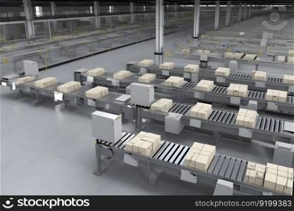 Packages delivery, packaging service and parcels, cardboard boxes on conveyor belt in warehouse, transportation system concept image. Neural network AI generated art. Packages delivery, packaging service and parcels, cardboard boxes on conveyor belt in warehouse, transportation system concept image. Neural network AI generated