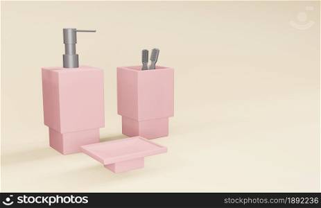 Packaging for liquid soap, pink toothbrush container. Isolated on a beige background. Place for your text. Copy space. Mockup. Product presentation. 3D render. 3D rendering.
