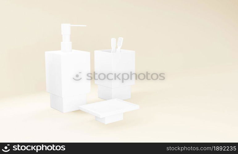 Packaging for liquid soap, white toothbrush container. Isolated on a beige background. Place for your text. Copy space. Mockup. Product presentation. 3D render. 3D rendering.